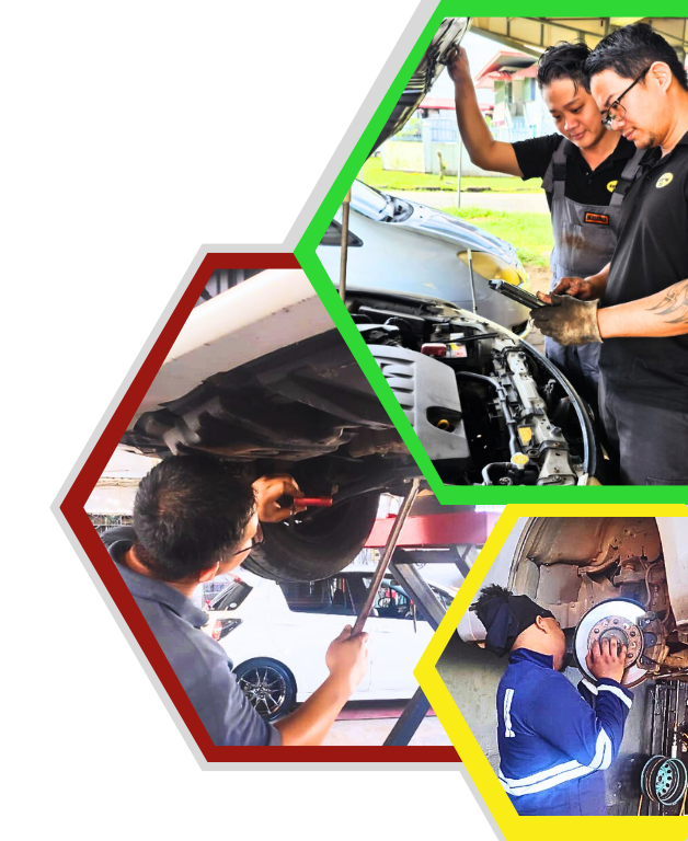 Technician installing genuine auto parts under a car hood during a diagnostic service at Du’s Auto Parts & Repair.